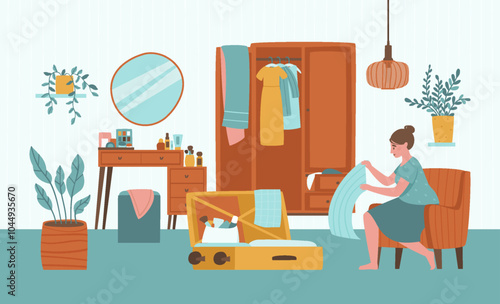 Woman packing suitcase in her room. Open wardrobe with clothes, dressing table and suitcase with things in women's room. Woman preparing for trip. Flat vector illustration.