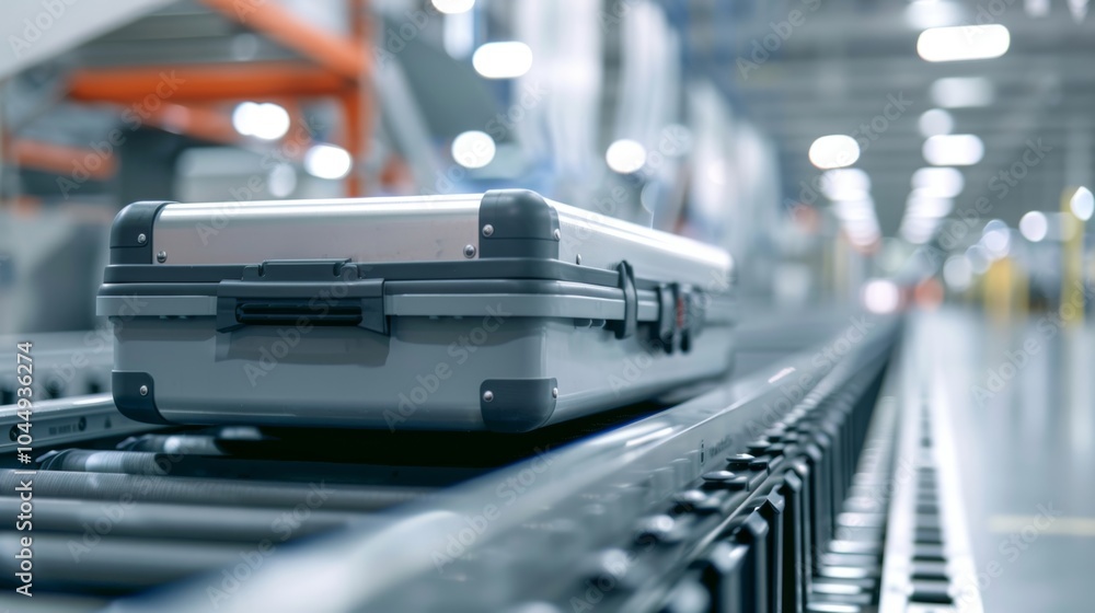 A detailed shot of a conveyor belt with a luggage cart being loaded onto it for transport. A detailed shot of a conveyor belt with a luggage cart being loaded onto it for transport.