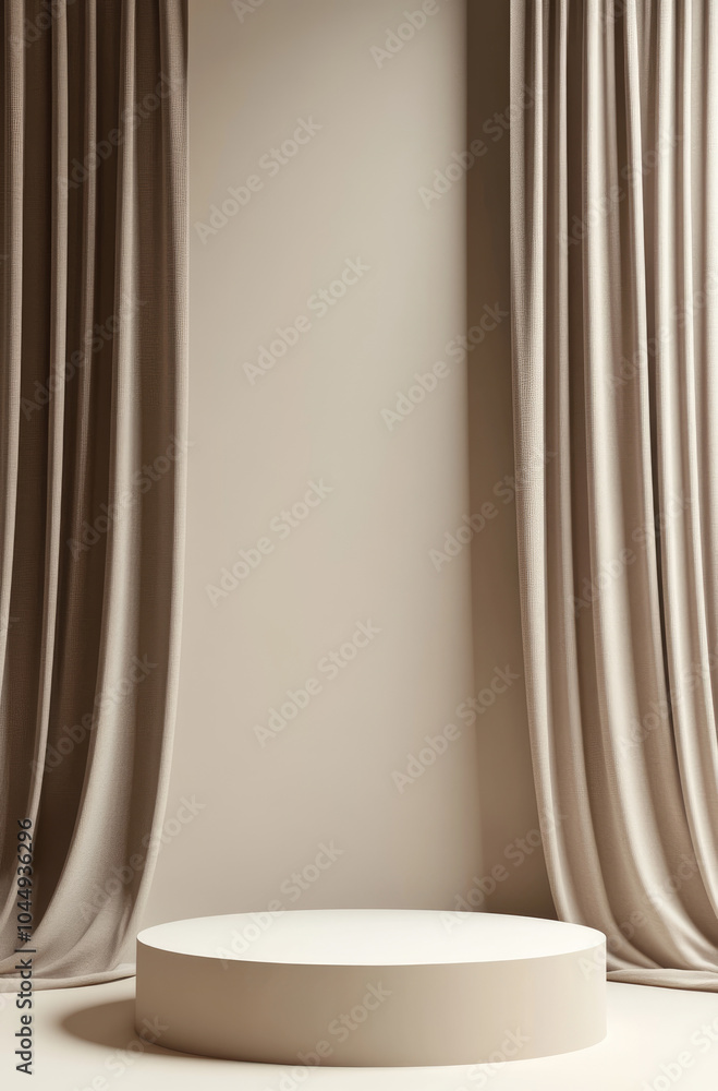 Warm and Inviting 3D Rendered Podium with Soft Taupe Curtains for a Cozy Atmosphere Warm and Inviting 3D Rendered Podium with Soft Taupe Curtains for a Cozy Atmosphere