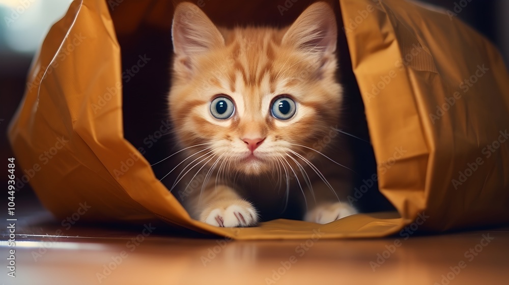 A ginger kitten curiously explores a paper bag, its whiskers twitching with curiosity,