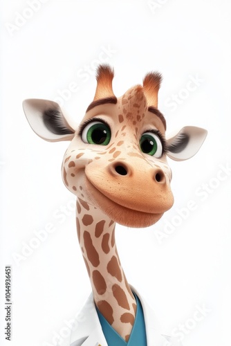 Adorable cartoon giraffe in lab coat with friendly smile