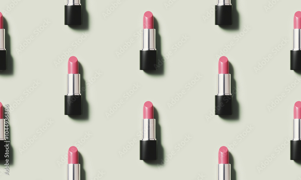 Seamless pattern made with pink lipsticks are standing on a light green background Seamless pattern made with pink lipsticks are standing on a light green background