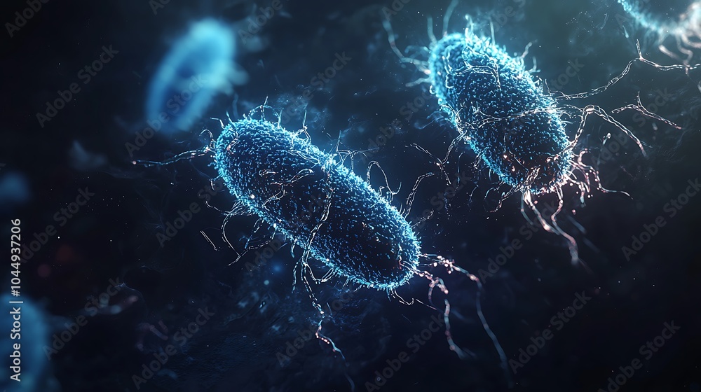 Obraz premium A vibrant, digital illustration of bacteria illuminated by blue light, showcasing their unique shapes and structures against a dark background.