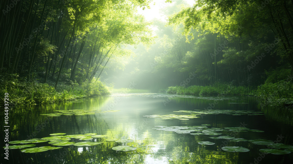 serene bamboo forest with tranquil river, surrounded by lush greenery and floating lily pads, creates peaceful atmosphere. soft light filtering through trees enhances natural beauty serene bamboo forest with tranquil river, surrounded by lush greenery and floating lily pads, creates peaceful atmosphere. soft light filtering through trees enhances natural beauty