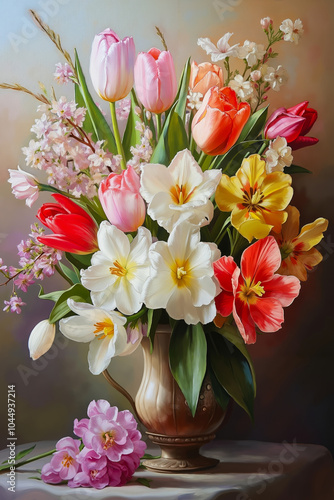 A painting of a vase filled with lots of flowers on a table