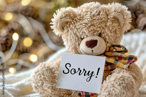 Cute teddy bear with a paper card. Text "Sorry!" written on a white card.