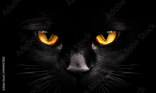 Black cat with bright yellow eyes