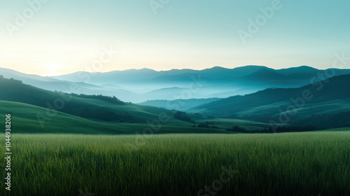 serene landscape featuring rolling green hills and misty mountains under soft blue sky. tranquil scene evokes sense of peace and natural beauty, perfect for nature lovers