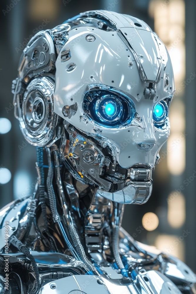 Fototapeta premium Close-up portrait of futuristic robot with blue eyes