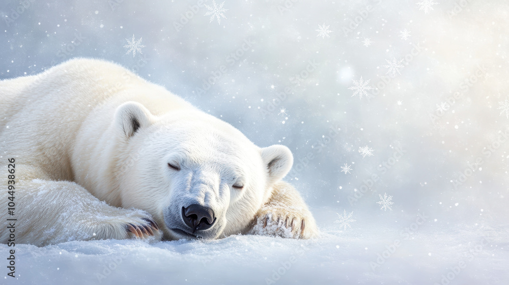 peaceful polar bear sleeping in snowy landscape, surrounded by gentle snowfall. serene atmosphere captures beauty of winter wildlife peaceful polar bear sleeping in snowy landscape, surrounded by gentle snowfall. serene atmosphere captures beauty of winter wildlife