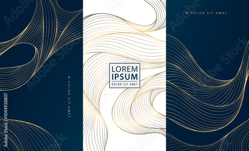Vector set of line wave gold design, wine luxury labels, fancy cards, japanese graphic elements, art deco perfume package, box, ornament, premium banners.