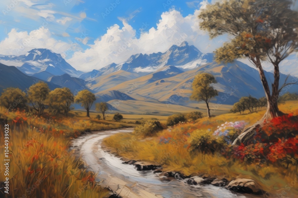 painting of a mountain landscape with a stream running through painting of a mountain landscape with a stream running through