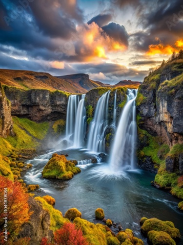 waterfall in golden autumn, amazing calm and simple tranquil and relaxing atmosphere