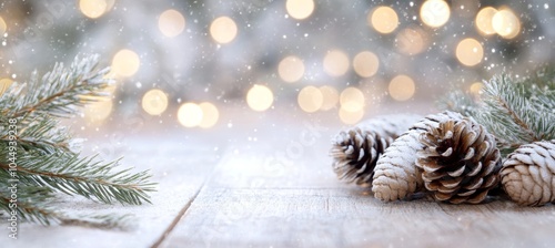 White Wooden Plank Cones and Pine Leaves Close Up Detail with Lights in Background for Christmas Decoration Generative AI