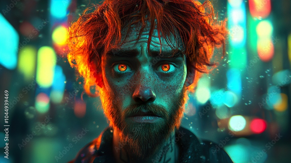 Intense Portrait of a Man with Glowing Eyes in a City at Night Intense Portrait of a Man with Glowing Eyes in a City at Night