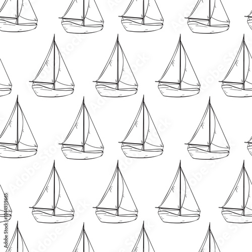 Sailing ship black and white vector outline seamless pattern isolated. Sailboat, vessel, sea transport graphic hand drawn repeating background. Childish nautical line art for boys, textile.