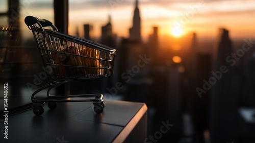 Small shopping cart with a cityscape and sunset in the background.