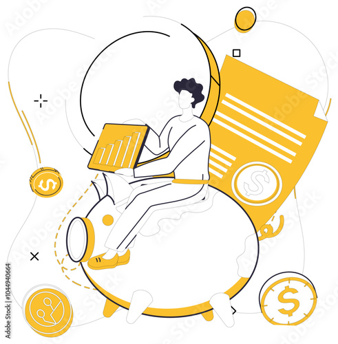 Savings account. Man sitting on piggy bank with tablet, surrounded by coins and financial documents. Ideal for banking, financial planning, investment, saving, and digital finance topics. Modern