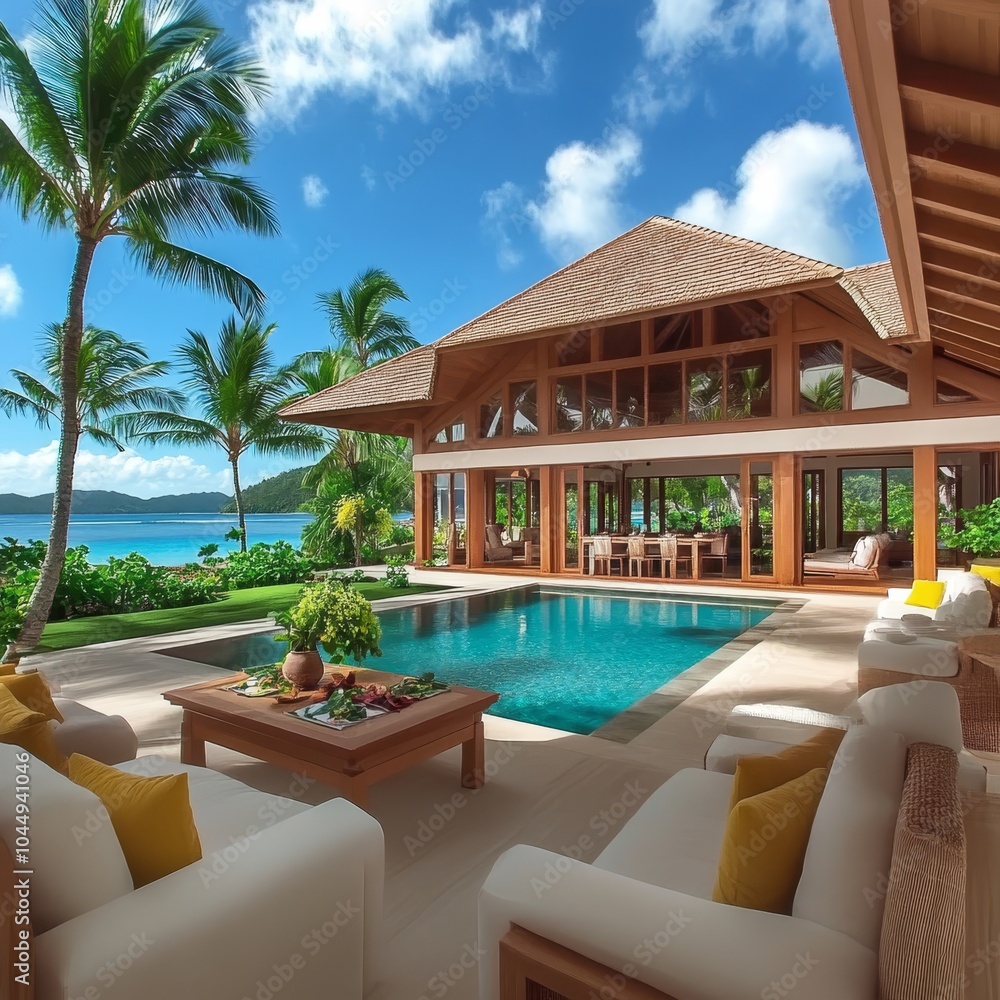 Fototapeta premium Luxury villa with infinity pool and ocean view, a perfect getaway for relaxation and tranquility.
