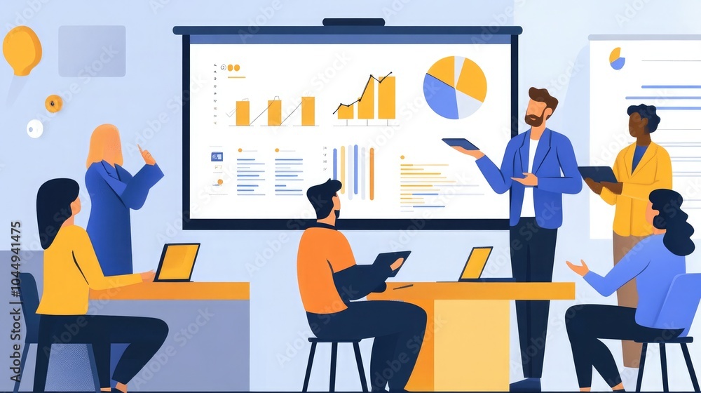 Business meeting with a CEO presenting data and graphs to investors Business meeting with a CEO presenting data and graphs to investors