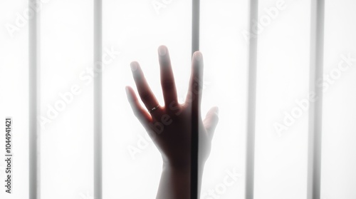 A hand reaching out from behind thin, transparent bars, grasping toward nothing, with no face or expression visible, symbolizing isolation and a longing for freedom.