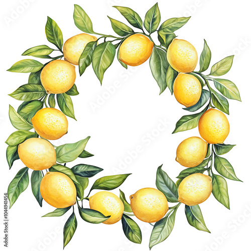 Watercolor lemons. Hand drawing ripe lemon branches with green leaves. Wreath, frame illustration.