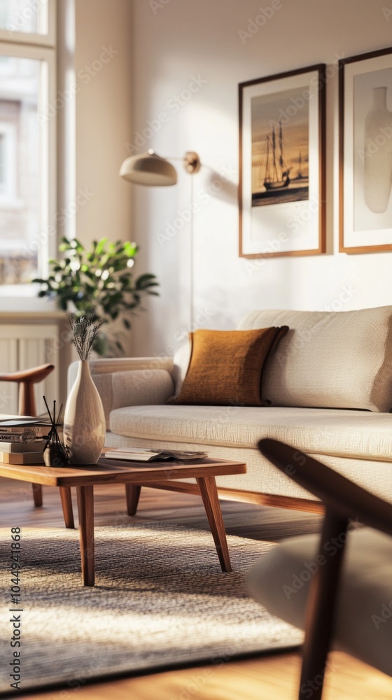 Fototapeta premium A living room with a white couch, a coffee table, and two chairs
