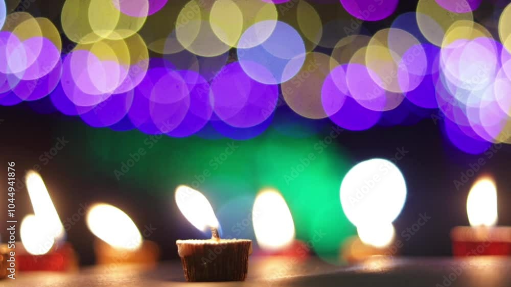 Diwali Candle with Bright Flame with Color Light Bokeh Background with Copy Space, Happy Diwali or Deepavali Celebration Conceptual, Festival of Lights Diwali Candle with Bright Flame with Color Light Bokeh Background with Copy Space, Happy Diwali or Deepavali Celebration Conceptual, Festival of Lights