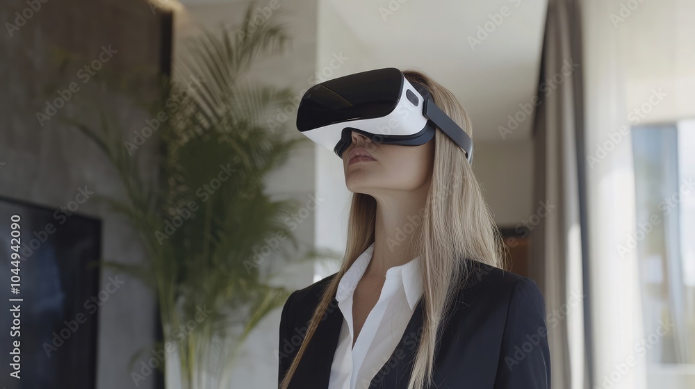 Businesswoman using VR glasses to discuss a real estate project in the metaverse Businesswoman using VR glasses to discuss a real estate project in the metaverse