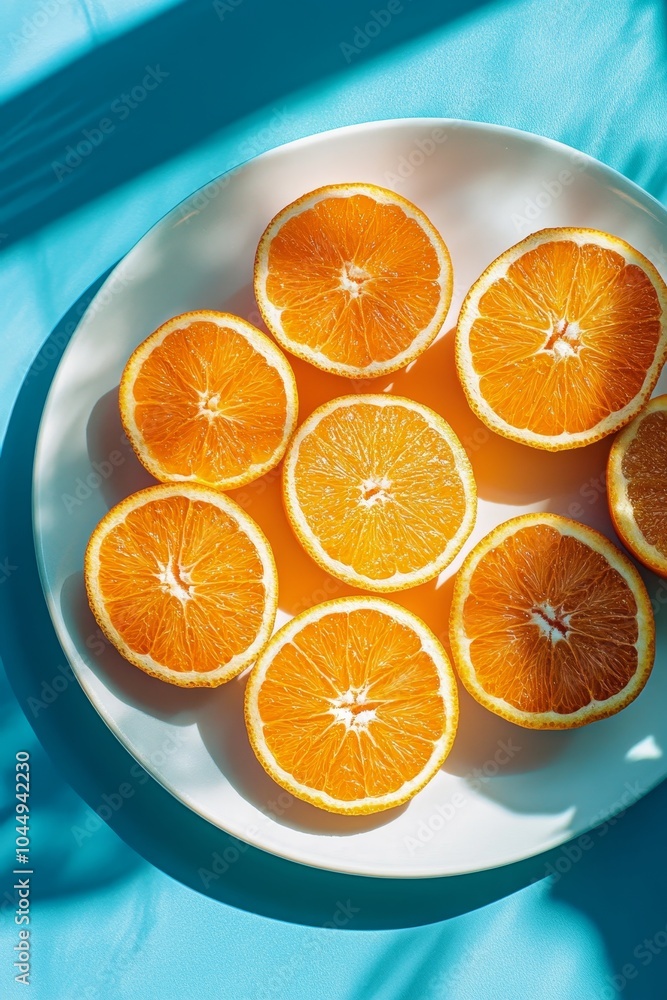 Freshly Sliced Orange on a White Plate Against a Vibrant Blue Background with Sunshine Shadows, Perfect for Summer Food or Still Life Photography Generative AI Freshly Sliced Orange on a White Plate Against a Vibrant Blue Background with Sunshine Shadows, Perfect for Summer Food or Still Life Photography Generative AI