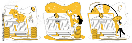 Online banking. People interacting with bank services on laptops. Ideal for financial transactions, digital payments, saving money, account management, modern banking solutions