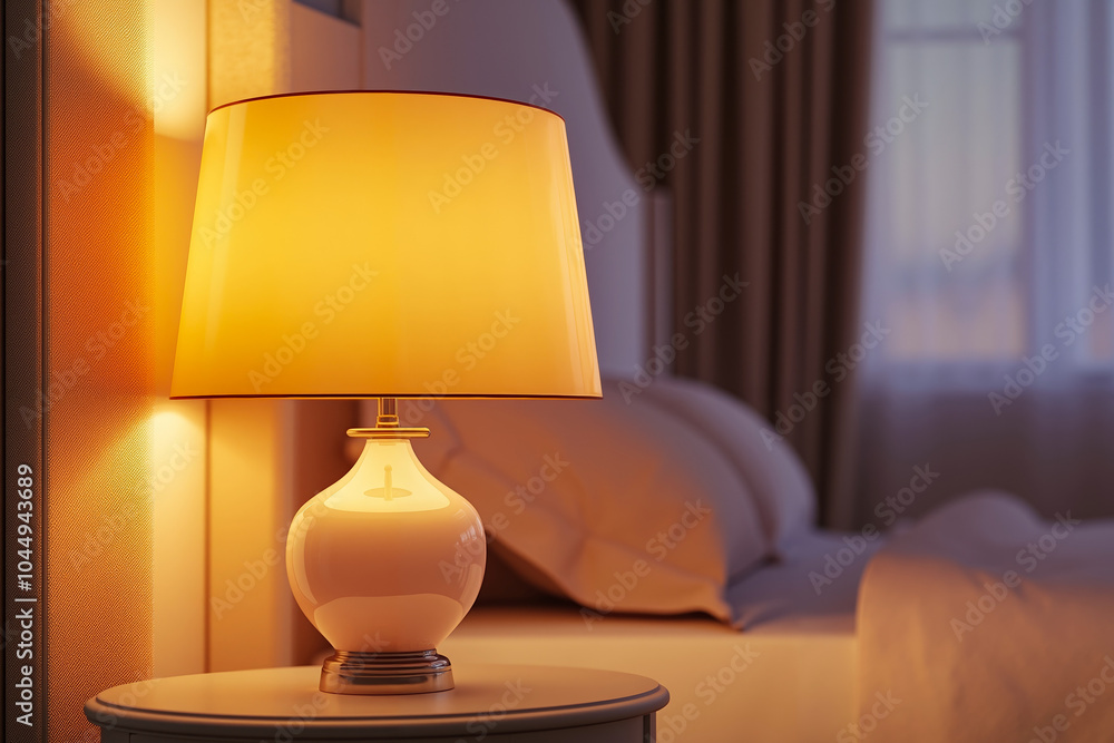 A lamp that is sitting on a nightstand next to a bed A lamp that is sitting on a nightstand next to a bed