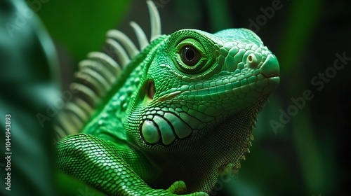 A close-up of a green iguana's head and neck, with its eye looking directly at the viewer. The iguana is surrounded by green foliage.