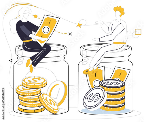 Savings account. Two individuals sit on jars filled with stacked coins and cash. Ideal for financial savings, investments, money management, budget planning, future financial security. Modern