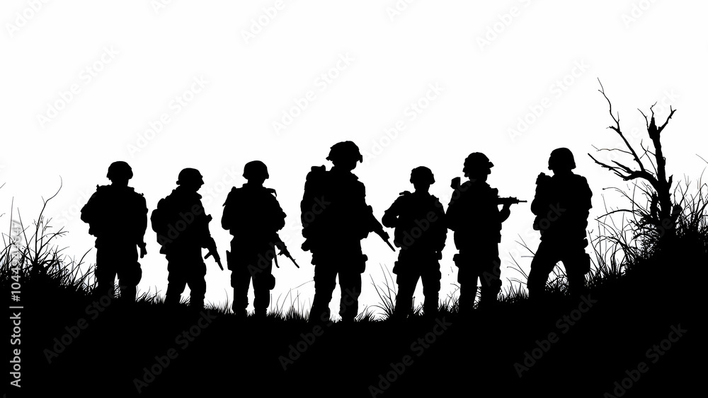 silhouettes of seven soldiers standing in a field. They are holding rifles and wearing helmets. A bare tree and tall grass are visible in the background. silhouettes of seven soldiers standing in a field. They are holding rifles and wearing helmets. A bare tree and tall grass are visible in the background.