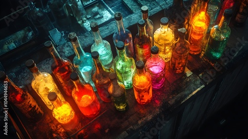 Overhead view of glass bottles containing hazardous chemicals, glowing faintly, industrial setting with worn-out metal surfaces, Moody, High Detail, Realistic Lighting