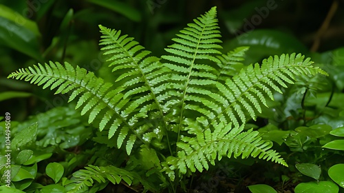 A close-up shot of a vibrant green fern with its fronds unfurling against a backdrop of lush foliage.