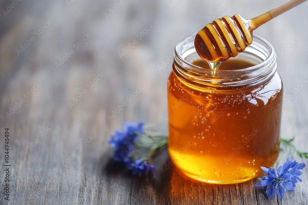 A jar of honey with a wooden dipper surrounded by blue flowers on a rustic wooden table A jar of honey with a wooden dipper surrounded by blue flowers on a rustic wooden table