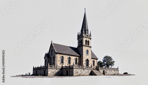 Historic stone church exterior with steeple and steps