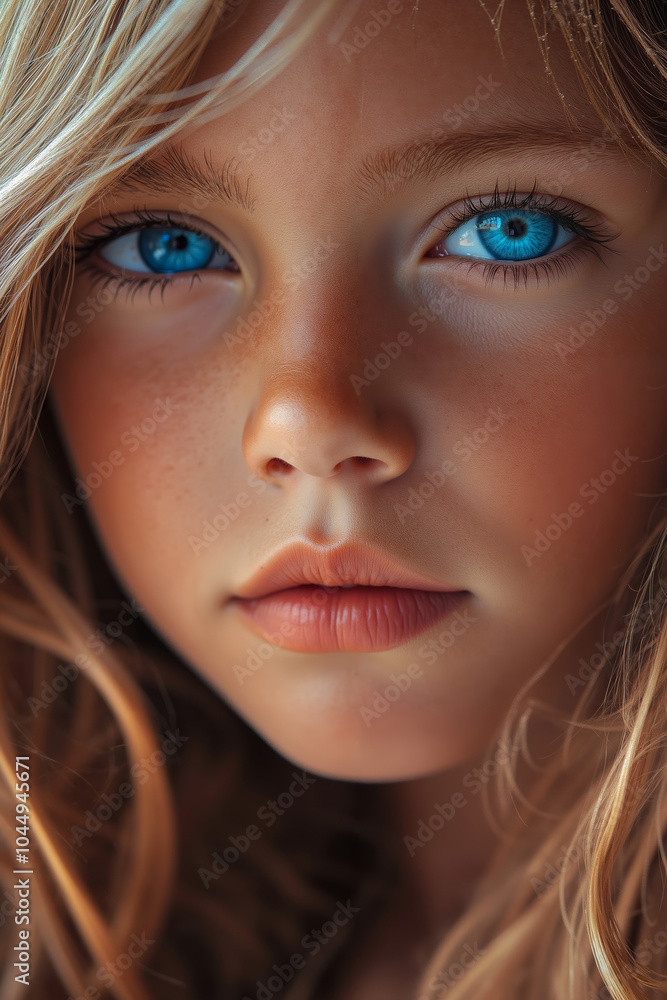A close up of a young girl with blue eyes A close up of a young girl with blue eyes