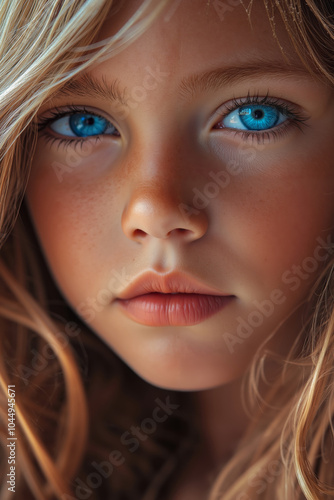 A close up of a young girl with blue eyes