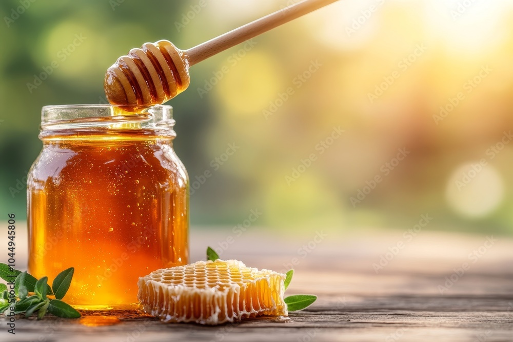 Golden honey being drizzled from a wooden dipper into a jar with honeycomb on a wooden table during sunset Golden honey being drizzled from a wooden dipper into a jar with honeycomb on a wooden table during sunset