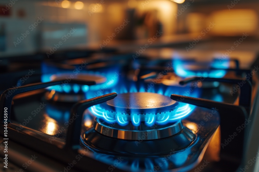 Blue Flame on Gas Stove Burner in Modern Kitchen Generative AI Blue Flame on Gas Stove Burner in Modern Kitchen Generative AI