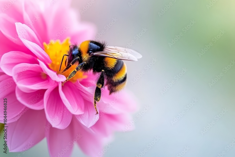 A close-up view of a bumblebee collecting nectar from a pink flower in a garden during sunny spring afternoons A close-up view of a bumblebee collecting nectar from a pink flower in a garden during sunny spring afternoons