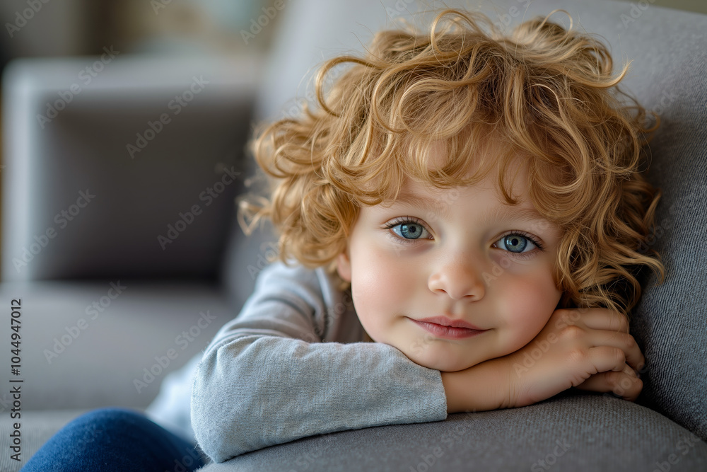 A little boy with curly hair sitting on a couch A little boy with curly hair sitting on a couch