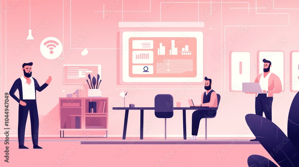 Collaborative workspace illustration with professionals engaging in business activities Collaborative workspace illustration with professionals engaging in business activities
