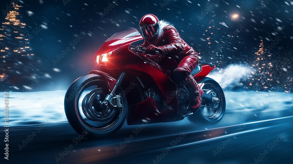 Obraz premium Cool Santa Claus biker riding a fast motorcycle, unconventional Christmas concept