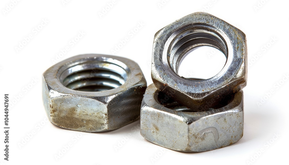 Two Metal Nyloc Nuts on White Background, Industrial Hardware Detail Generative AI Two Metal Nyloc Nuts on White Background, Industrial Hardware Detail Generative AI