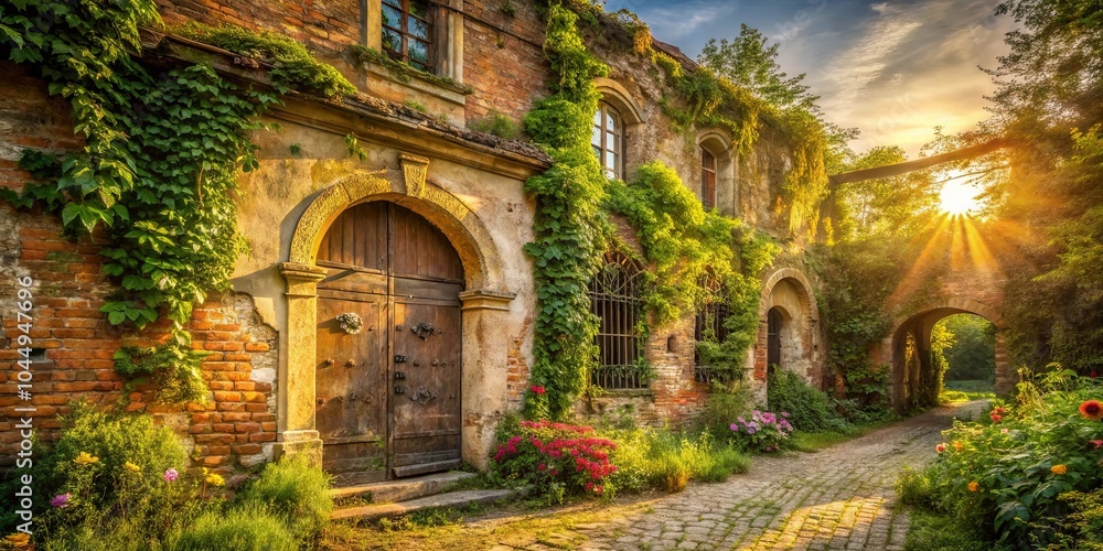 Sunlit Pathway Leading to an Ancient Stone Archway and Weathered Doorway in a Lush Garden Sunlit Pathway Leading to an Ancient Stone Archway and Weathered Doorway in a Lush Garden