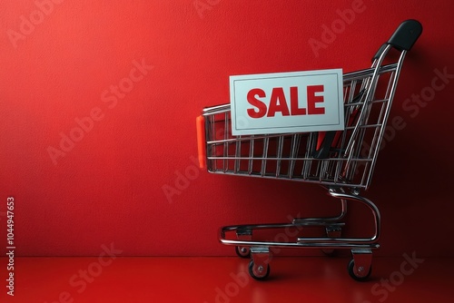 Shopping Cart with Sale Sign on Red Background